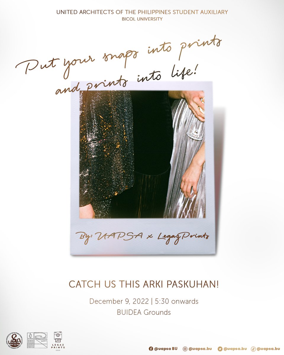 uapsabu's tweet photo. SHOT! SHOT! SHOT!

Put your snaps into prints and prints into life🖼! Get your ArkiPaskuhan pictures taken tomorrow at the “SHOT NI JUNJUN” photobooth brought to you by UAPSA-BU in collaboration with LegazPrints. Locate us at the Arki Grounds tomorrow at 5:30 pm onwards. https://t.co/wS8kMYUmfI