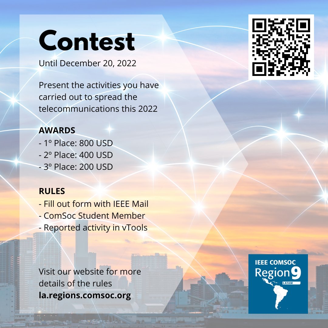 ComSocLatAm's tweet photo. Recognition for the dissemination of telecommunications among students. More Info: https://t.co/tpS8mG6kV5 https://t.co/dHDzg9WowZ