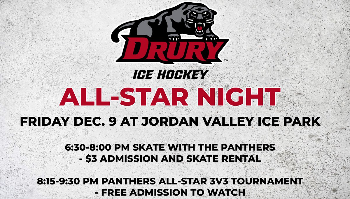 DU_IceHockey's tweet photo. With our weekend series canceled this weekend due to travel issues with our opponent, come out to the JVIP tomorrow evening for Skate With The Panthers at 6:30pm followed by DU Hockey playing a 3v3 All-Star Tournament. $3 skate rental/admission for the skate portion of the night. https://t.co/4aT6K23khA