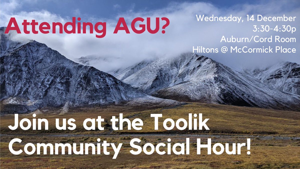 Going to AGU? Let's meet up! Stop by our Toolik Community Social Hour to learn more about Toolik Field Station, catch up with fellow researchers, or simply say 'hello' to station managers.

Wednesday, 14 Dec, 3:30-4:30p
Auburn/Cord Room@Hiltons
Directions: arcus.org/communitymeeti…