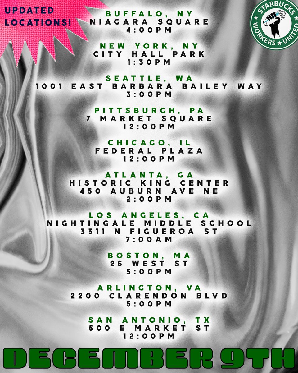 CLUE_OC's tweet photo. Updated locations for tomorrow's Starbucks Workers United rallies! Join Starbucks workers and allies tomorrow 12/9 at 7am in LA to support their unionizing efforts! RSVP here: https://t.co/Q7gQawxUAo https://t.co/pZfgot6sef