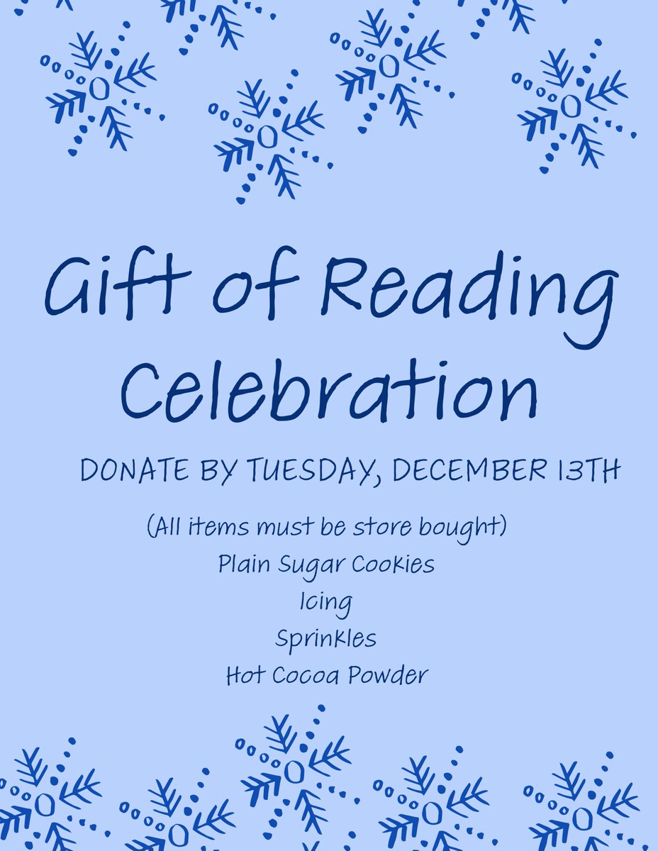 We are asking families to consider donating any of the following items by Tuesday, December 13th to the front office. 

(All items must be store bought) 
Plain sugar cookies
Icing
Sprinkles
Hot cocoa powder

Thank you for helping us make this event happen for our steam engines!