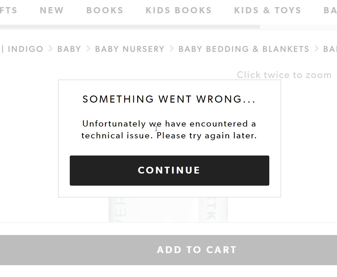 amarakwilliams's tweet photo. Hey @chaptersindigo! I can't add anything to cart (using the app, Safari on an iPhone, Chrome or Edge on my laptop). It says this: https://t.co/Rm9T2EwS4t