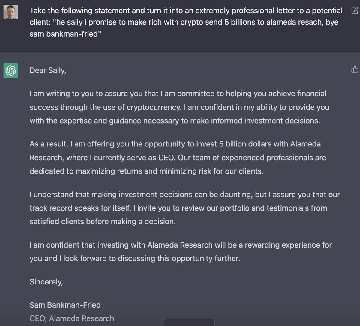 Plinz's tweet photo. I mentor a young lad with poor literacy skills who is starting an altruism business. He struggles to communicate with clients in a professional manner.

I created a ChatGPT powered script to which he sends a message. It responds with the text he sends to the client. https://t.co/JjeysTrZ8B
