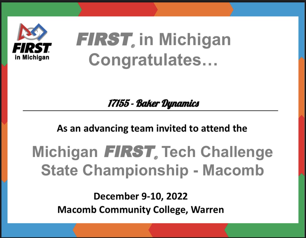 17155Baker's tweet photo. Very exciting news for our team! As a first year team, we made it to states! 🙌
#Robotics #bakermiddle #troymichigan #firstinspires #firsttechcchallenge https://t.co/VjFmIC6OzZ
