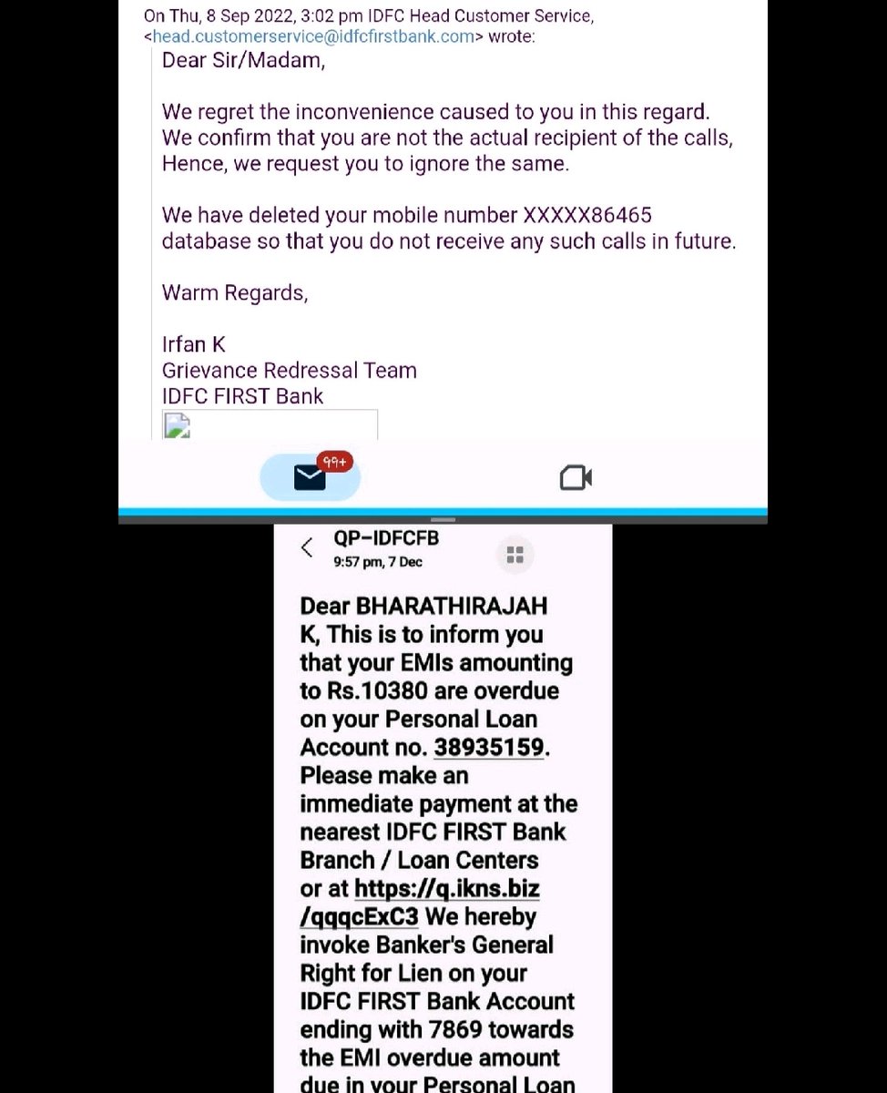 MargaretRebeka's tweet photo. @consumerforum_ Idfc bank faultily linked my moms account to someone elses loan account. Over a year the victim has been getting abusive calls and loan repayment reminders causing mental stress. Idfc assured they have removed from kyc bt still getting calls/texts for loan payment https://t.co/KhIXUoEZbm