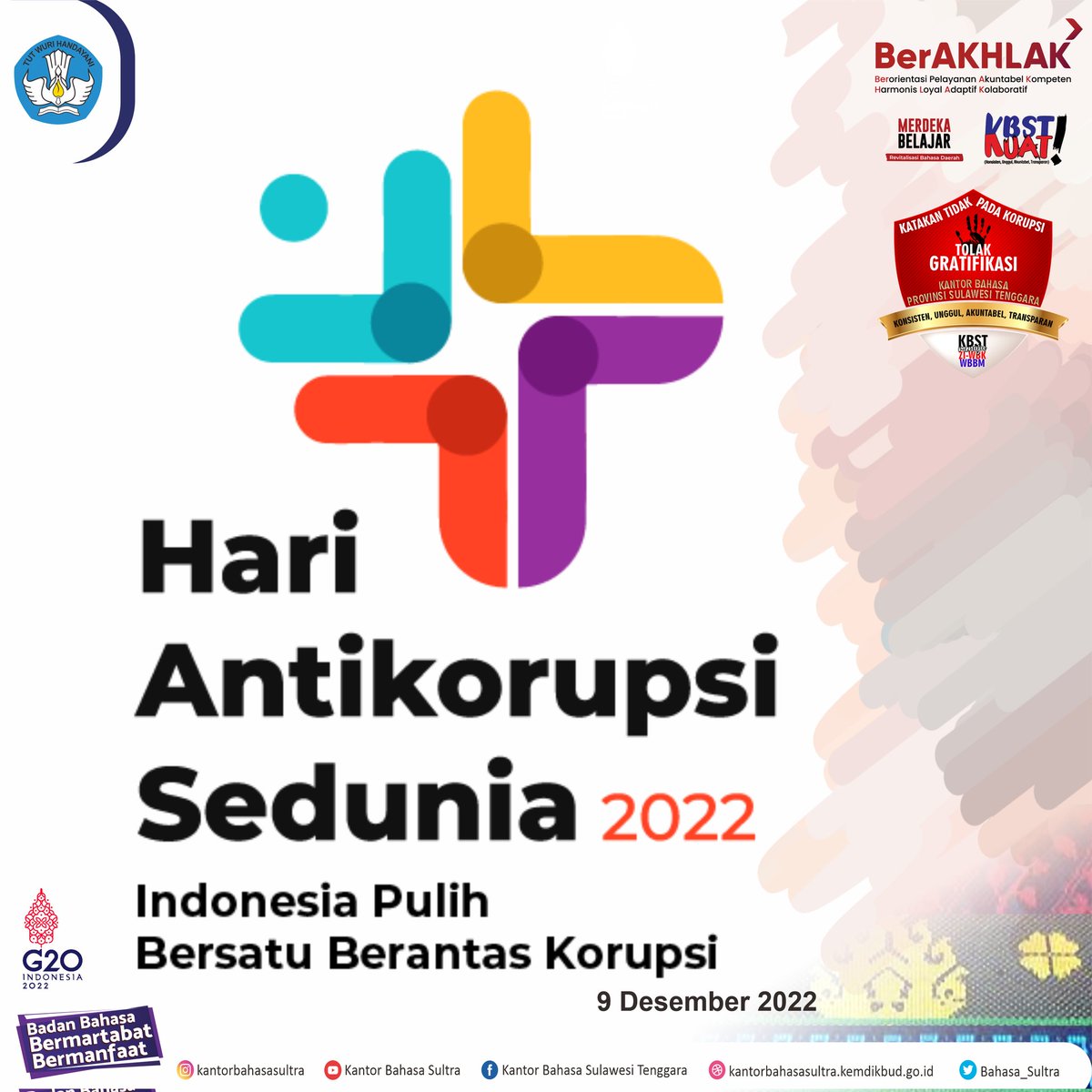 bbsultra's tweet photo. Pada tahun 2003, Perserikatan Bangsa-Bangsa menetapkan 9 Desember sebagai Hari Antikorupsi Sedunia (Hakordia). Hakordia diperingati sebagai penyadaran kepada masyarakat akan bahaya korupsi.
"Indonesia Pulih Bersatu Lawan Korupsi"
#Hakordia
#Antikorupsi
#KBSTKUAT
#Sultra https://t.co/vMKOAyqIhw