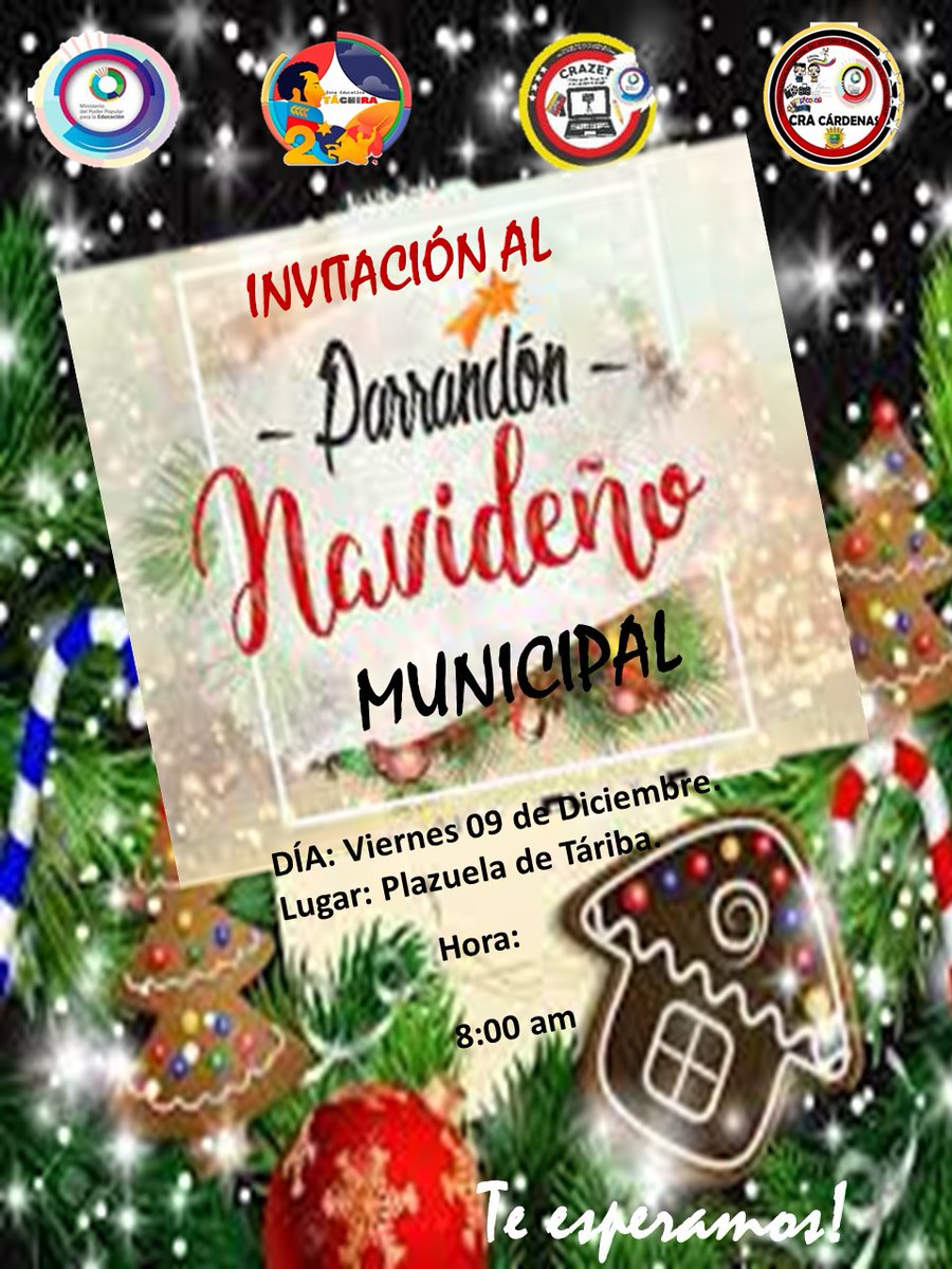 #09diciembre || ven a disfrutar del Parrandon Navideño Municipal.
<a href="/Berzabethg1/">Berzabethgandicaoficial</a> 
<a href="/Crazet2011/">Crazet2011</a> 
@ZonaEducTachira 
@formacionzet 
@MPPEDUCACION 
<a href="/_LaAvanzadora/">Yelitze Santaella</a> 
<a href="/FreddyBernal/">Freddy Bernal</a> 
<a href="/NicolasMaduro/">Nicolás Maduro</a>