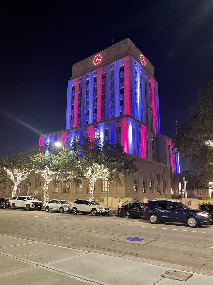 HoustonTX's tweet photo. Tonight City Hall is lit up Red, White, and Blue in honor of Brittney Griner returning home. We are sending our prayers and support in bringing home Paul Whelan and all U.S citizens who have been wrongly detained. #BrittneyGriner https://t.co/8sdlC9Ag39