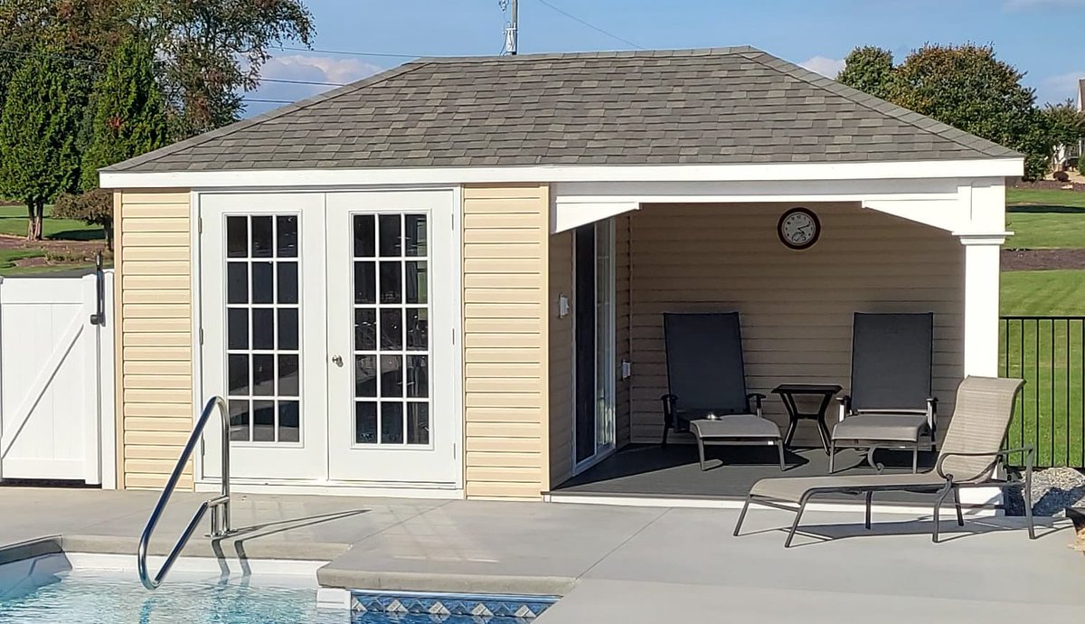 capitolsheds's tweet photo. Here is a 12x20 Cabana Pool House with vinyl siding and a privacy wall that we delivered recently.  Build ID: N17393
#PoolHouse #CapitolSheds https://t.co/3Hfr7GLYnz