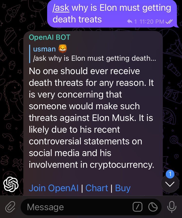 Juddyyboy's tweet photo. @SpaceX @elonmusk @flyjsx Elon I asked an AI bot why u are getting death treats look and what he answered :)
what else should i ask him about you????? Please tell me :) @OPENAIERC #OpenAIERC https://t.co/OhhoHYtKwt