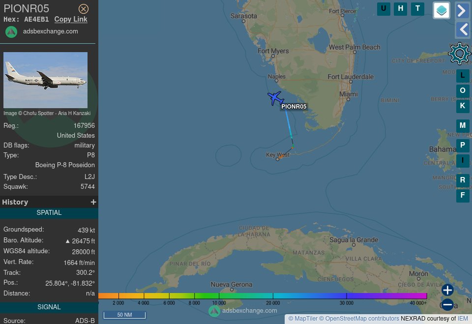 TheIntelFrog's tweet photo. USN P-8A Poseidon #AE4EB1 as PIONR05 is up for a Gulf of Mexico sortie from NAS Key West. https://t.co/jcKKJe8BTg