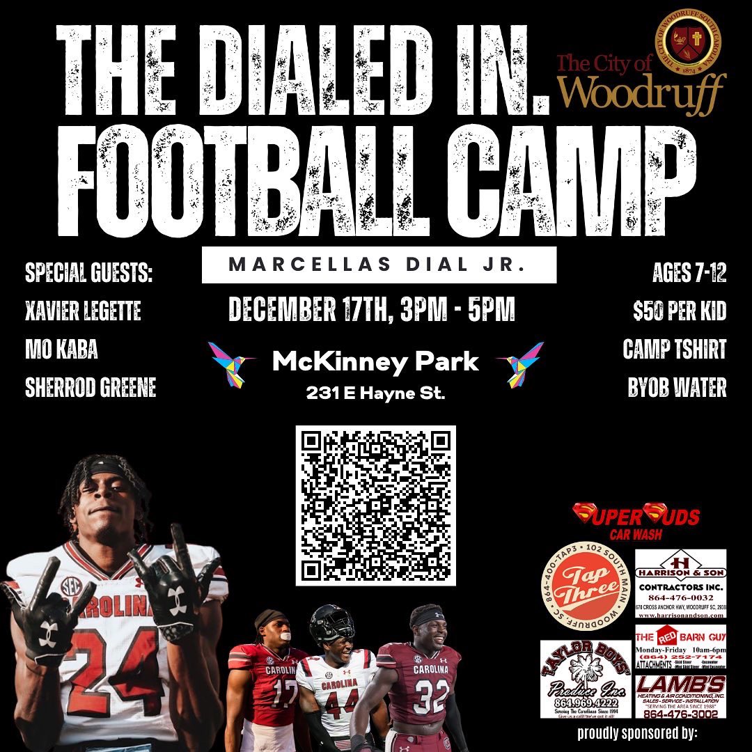 ViRAL_mgmt's tweet photo. We are excited to present the Marcellas Dial Jr. #DialedIn football camp with special guests X. Legette, M. Kaba &amp; S. Greene. Tap Three in Woodruff, SC will be hosting a meet &amp; greet afterwards where fans can take photos, get autographs, &amp; MORE! Scan the QR code to register. 🐔🤙🏼 https://t.co/yvZei77Def