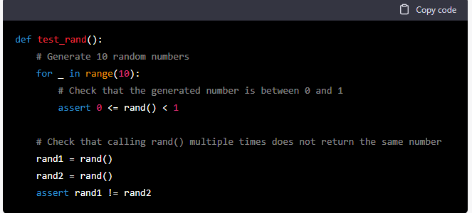 sdutra's tweet photo. @LexMitchell @calapipss @MattStopa @mckaywrigley @paulg True. Here's what it returns for a unit test for rand().
It just checks that there are no duplicate numbers. https://t.co/SG7uyZ2K1W