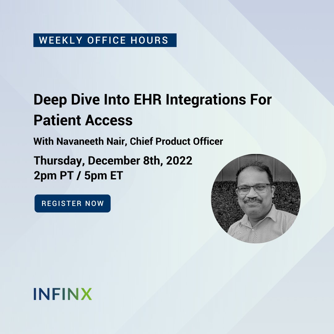 Integrations are a key need for healthcare practices today. Starting at 2 PST, we'll discuss with Navaneeth Nair how to choose the right integration method for managing data transfers at your facility. Join us here: hubs.ly/Q01vqRBz0 #InfinxOfficeHours