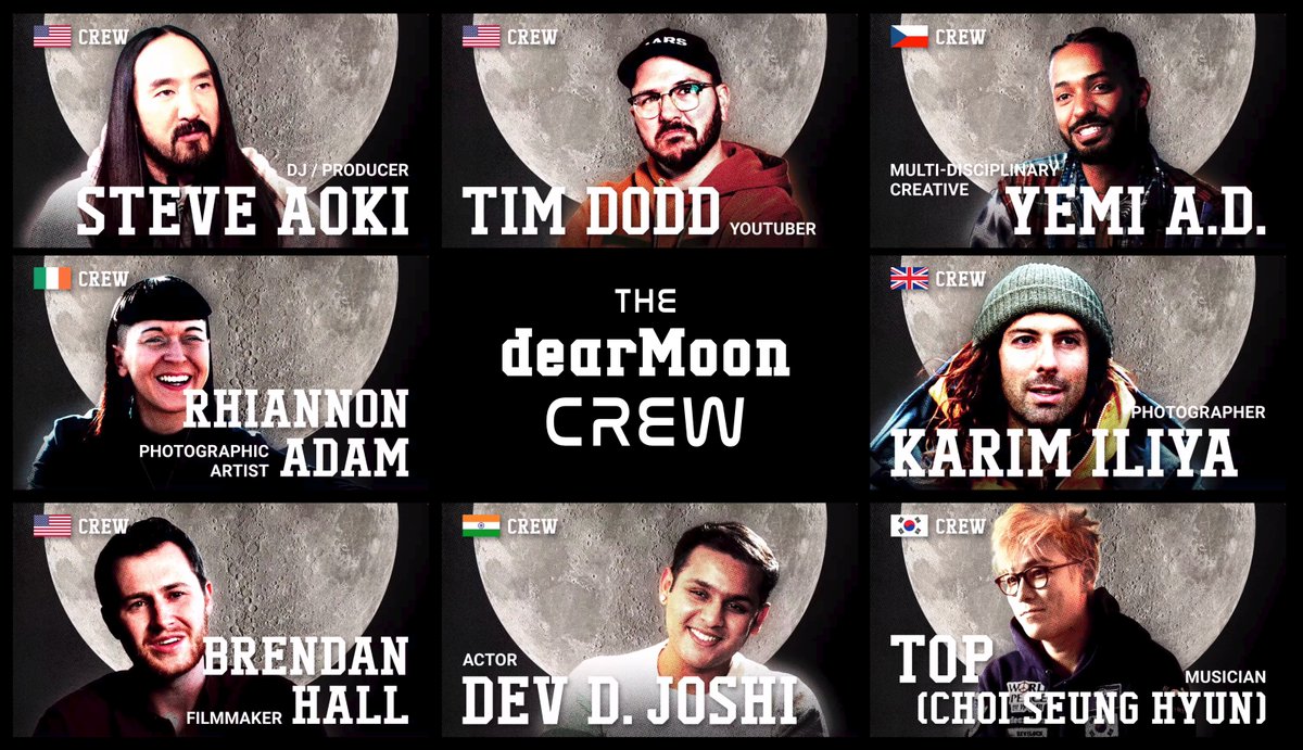 TheLaunchPadX's tweet photo. BREAKING! #DearMoon Crew announced!!
DJ & producer #SteveAoki
Youtube creator #TimDodd
Artist #YemiAD
Photographer #KarimIliya
Photographer #RhiannonAdam
Filmmaker #BrendanHall
Actor #DevJoshi
Musician #TOP
#SpaceX #Starship #DearMoonCrew https://t.co/U7glUmnrAR