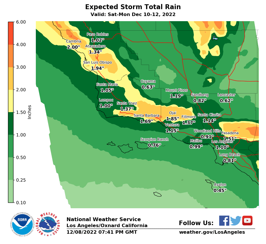 NWSLosAngeles's tweet photo. Latest rain projections for the upcoming storm. #larain #cawx #LosAngeles #Ventura #SantaBarbara #SanLuisObispo https://t.co/XSyrnH2D4l