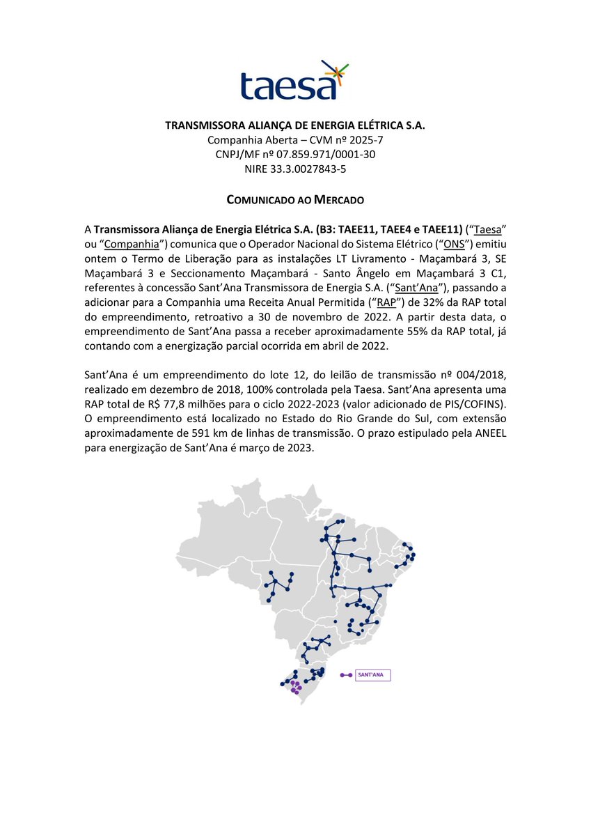 CalixtoCapital's tweet photo. #TAEE | TAESA | Comunicado ao Mercado https://t.co/Qcvlhz2zIu