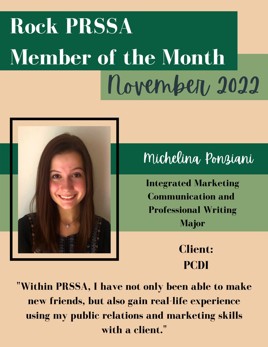 Our Rock PRSSA Member of the Month for November is Michelina Ponziani.

Michelina took initiative on a project for our client, the President’s Commission for Disability Issues on campus. Thank you for your hard work and dedication, Michelina!