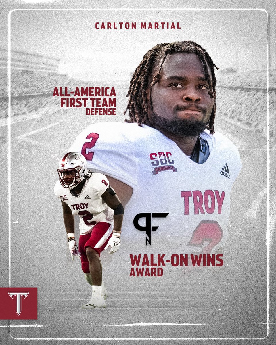 TroyTrojansFB's tweet photo. Carlton Martial is now a FOUR-TIME All-American &amp; the @PFN365 Walk-On of the Year!

#RiseToBuild | #OneTROY ⚔️🏈 https://t.co/gwh9CatOqm