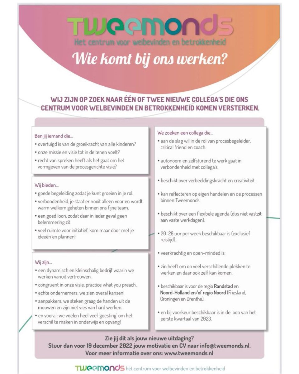 VACATURE!!!
Wij zijn op zoek naar mensen die ons fijne team willen versterken. Liefst wonend in noord- en noordwest Nederland. Word je blij van deze vacature? Heb jij zin in een nieuwe uitdaging? Reageer dan voor 19 december. Delen = fijn!