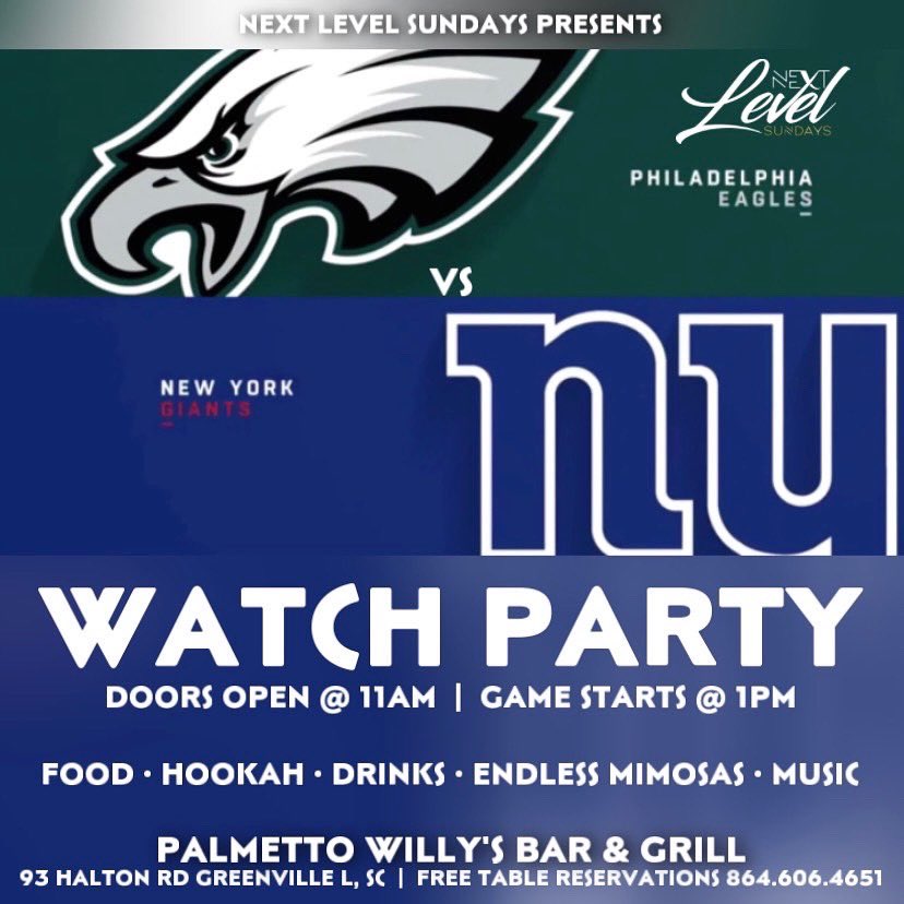 WEEK 14 SUNDAYS GAMES 🏈 #NextLevelSundays Brunch &amp; Day Party 🥂💃🏽 Greenville, SC 📍

Each &amp; Every Sunday 😁
Free Table Resevations 👀
Hand Selected Menus 🍳
Premium Hookah 💨
Signature Drinks/Towers 🍹
Endless Mimosas 🍾

DOORS OPEN 11AM - 4PM 👍🏾

COME BRUNCH WITH US ‼️