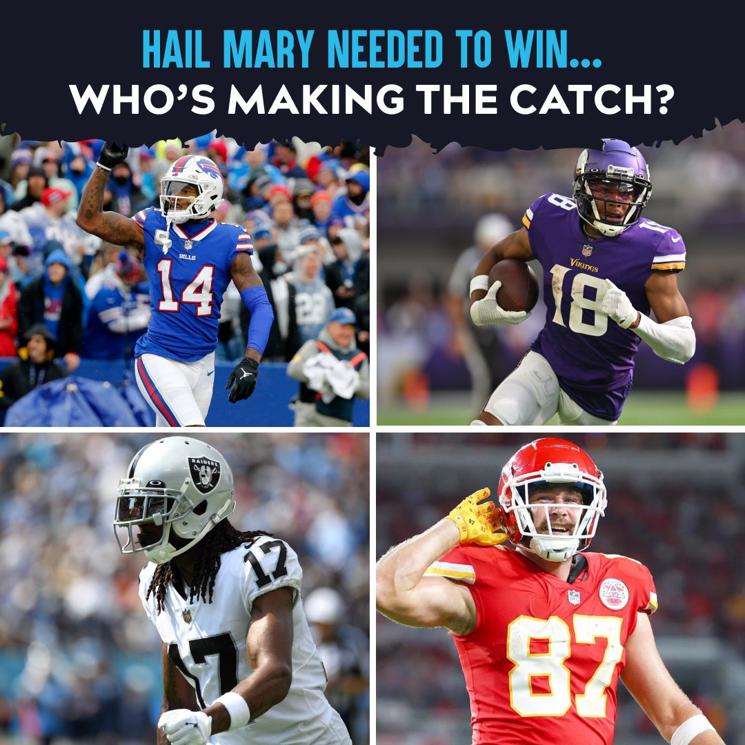 Hail mary needed to win... who's the best bet to make the grab? #NFL 

Stefon Diggs <a href="/stefondiggs/">stefon diggs</a>  
Justin Jefferson <a href="/JJettas2/">JJETS✈️</a>  
Davante Adams <a href="/tae15adams/">Davante Adams</a>  
Travis Kelce <a href="/tkelce/">Travis Kelce</a>
