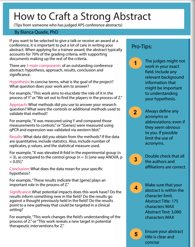 Here's a little article on writing a conference abstract that I wrote for the APS Trainee Advisory Committee fall newsletter!