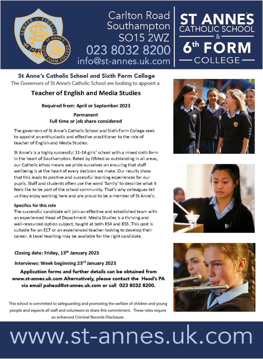 johncmurphy7's tweet photo. #TeachingVacancyUK
English and Media Studies
SouthEast, Southampton
Apply: https://t.co/KLhijBYIE0
By: 13th January 2023
For: April or September 2023
Looking forward to welcoming a new addition! ๐ #TeamEnglish #TeamMedia #MediaStudies #UKedjobs #UKedchat #EngChatUK #edujobs https://t.co/EzAhaJBcCX