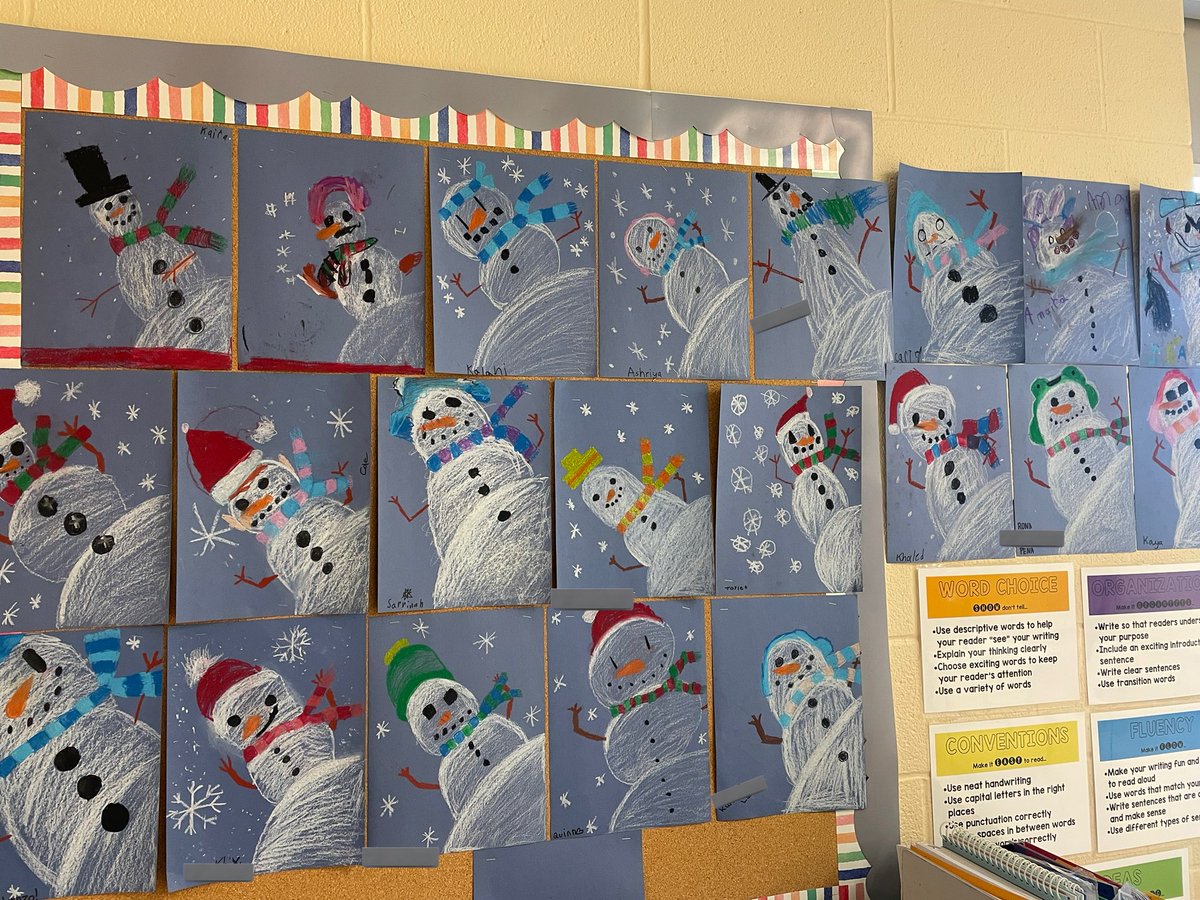 My favourite art to do this time of year! Perspective snowmen! I love how unique and individual each snowman is!! Such a fun introduction to oil pastels!