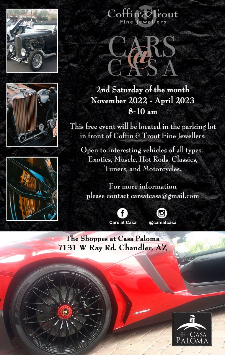 Be sure to join us this Saturday for our December installation of Cars@Casa from 8am - 10am!!! Stick around after too, because Santa Claus will be here from 10am - 2pm! #SantaClausIsComingToTown #CarsAtCasa #CarShow #CoffinandTrout