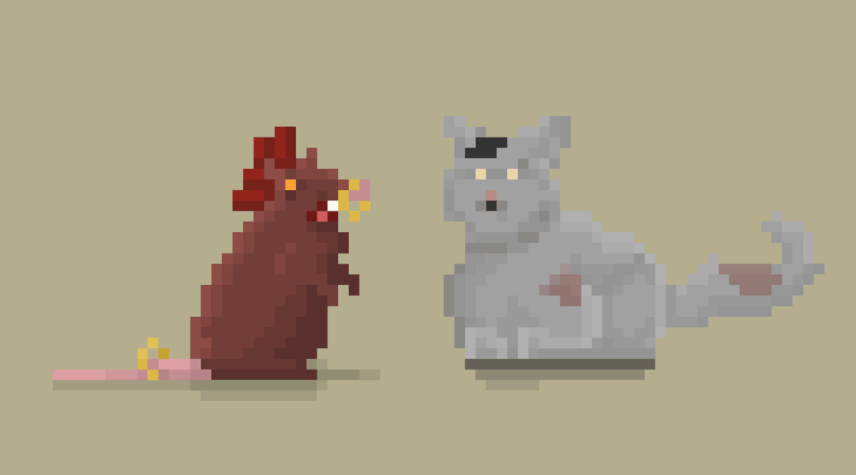 glohogames's tweet photo. This looks like it's gonna be quite an epic fight... 😅😬🙈 Needles to say, we're on team rat... #pixelart #pixels #pixelartist #retrogames #retrogaming #pointandclick #adventuregame #RetroComputing #Retro #indiedev #IndieGameDev #catler #gameart #CatsOfTwitter #indiegame https://t.co/RbQepIFtnM