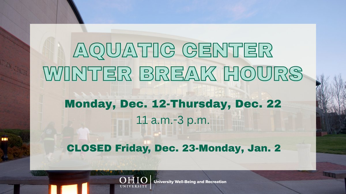 ‼️ The Aquatic Center will be closed Saturday, Dec. 10-Sunday, Dec. 11 for Fall Commencement. Winter Break hours will begin Monday, Dec. 12. The facility will be closed December 23-January 2, and Winter Break hours will resume January 3-January 16 ‼️