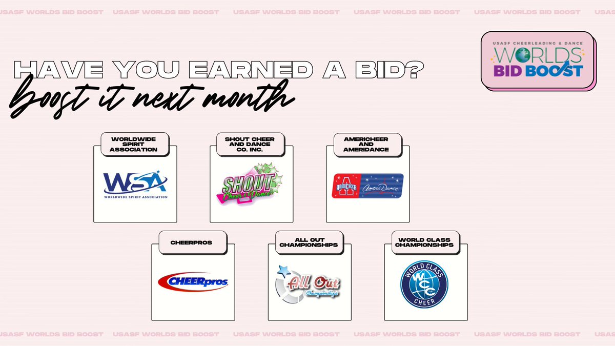 Have you earned a bid? Now’s the time to boost it 💫 

Check out the dates of these January Bid Boost events and see others coming this season 📲 hubs.ly/Q01vqDtw0

<a href="/WSAcheer/">WSA Cheer</a> 
<a href="/shoutcheer1/">Shout Cheer & Dance</a> 
<a href="/americheer87/">AmeriCheer</a>  
<a href="/CHEERpros/">Cheer Pros</a> 
<a href="/goalloutcheer/">All Out Championship</a> 
<a href="/wccheer/">WORLD CLASS CHAMPIONSHIPS</a>

#USASF