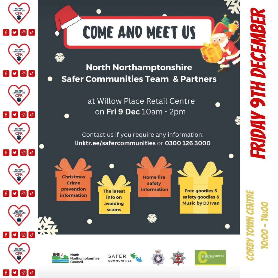 Tomorrow! Friday 9th December! 10am till 2pm Corby Town Centre- Willow Place Retail @SaferCorby pit on how to stay safe over the Christmas period and prevent being a victim of crime with Northants police, Northants fire and us! #StaySafe #crimeprevention #Christmas #freegoodies