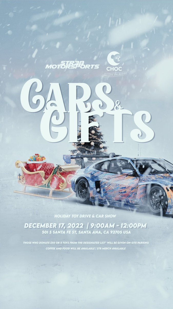 STR_Samantha's tweet photo. we’re hosting a car show &amp; toy drive in support of CHOC in Orange County and Holland Bloorview Children’s Rehabilitation Hospital in Toronto! 🎁✨

drop by STR38 next weekend for good vibes &amp; a great cause ❤️ https://t.co/3EoP1VT9jk