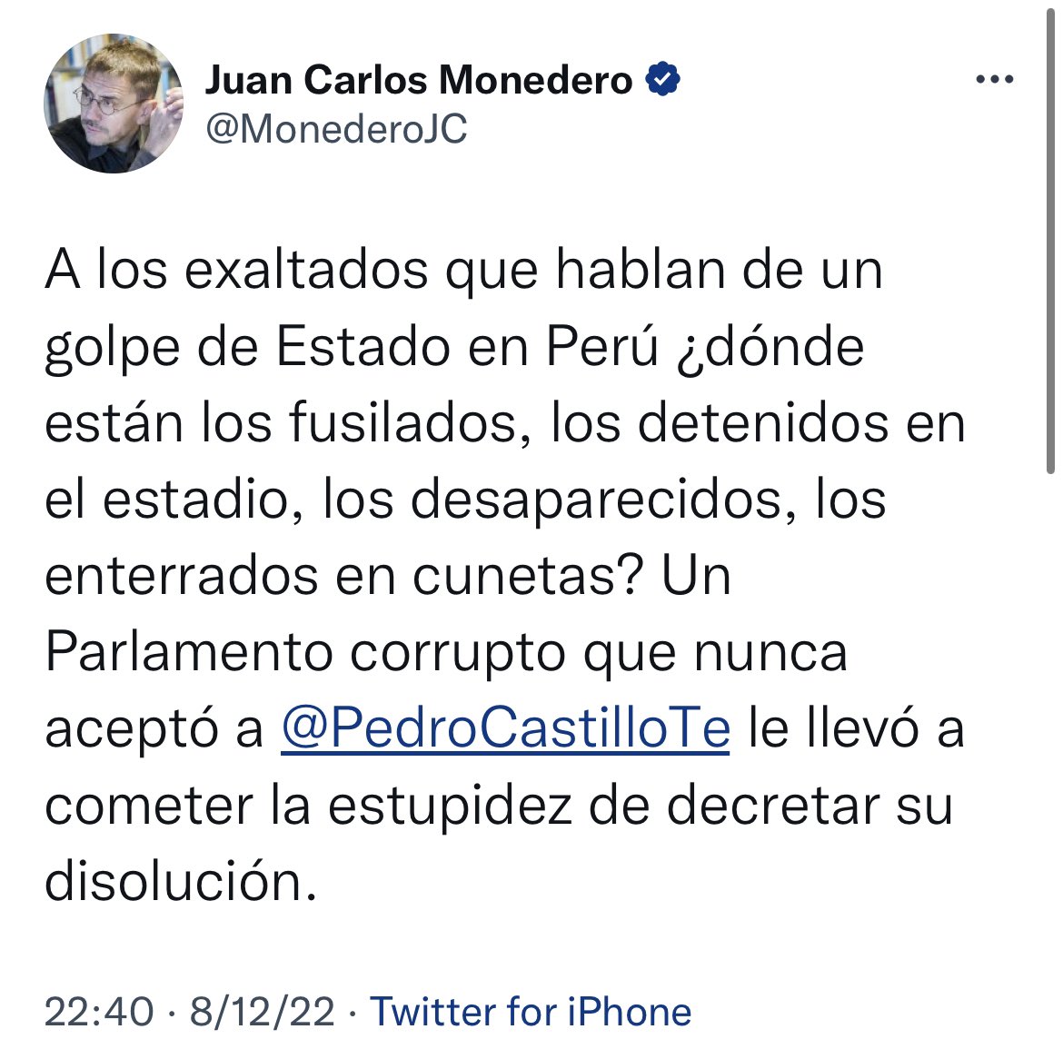 juanrallo's tweet photo. Pedro Castillo no dio ningún golpe de Estado; pero el fujimorismo (no Alberto Fujimori, sino el fujimorismo como movimiento político) da permanentemente golpes de Estado en Perú. Cabalgando entre contradicciones. https://t.co/5Eg4YD82ci