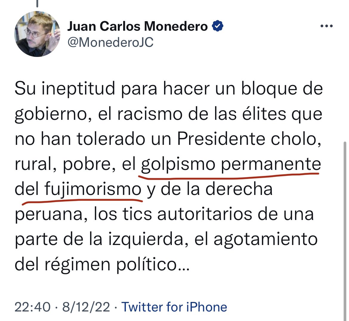 juanrallo's tweet photo. Pedro Castillo no dio ningún golpe de Estado; pero el fujimorismo (no Alberto Fujimori, sino el fujimorismo como movimiento político) da permanentemente golpes de Estado en Perú. Cabalgando entre contradicciones. https://t.co/5Eg4YD82ci