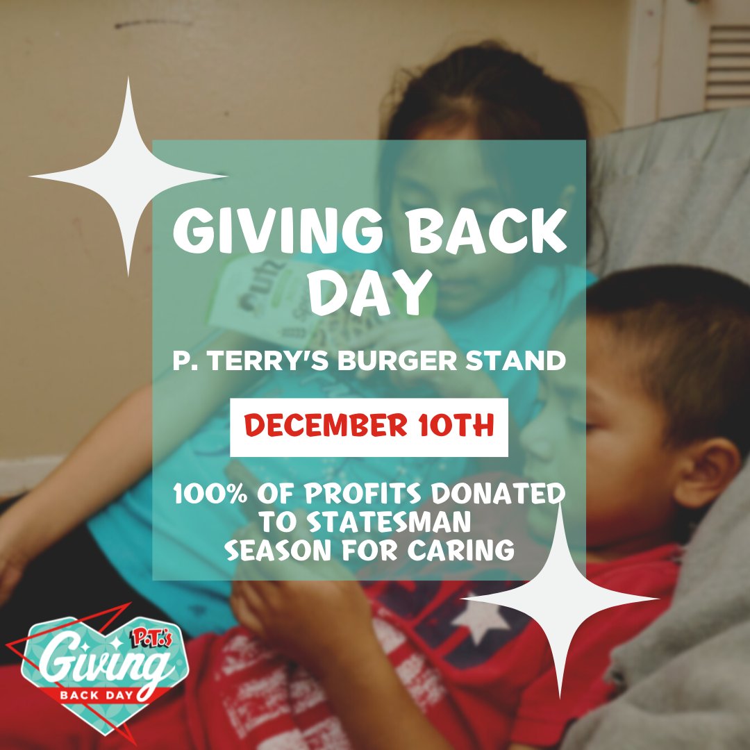 anybabycan's tweet photo. Join us and support local families by eating at @pterrys or @tacoranchatx this Saturday, December 10! 100% of the profits will be donated to @seasonforcaring! #GivingBackDay #seasonforcaring #ATX #philanthropy #giveback https://t.co/xuXtoOsqoj
