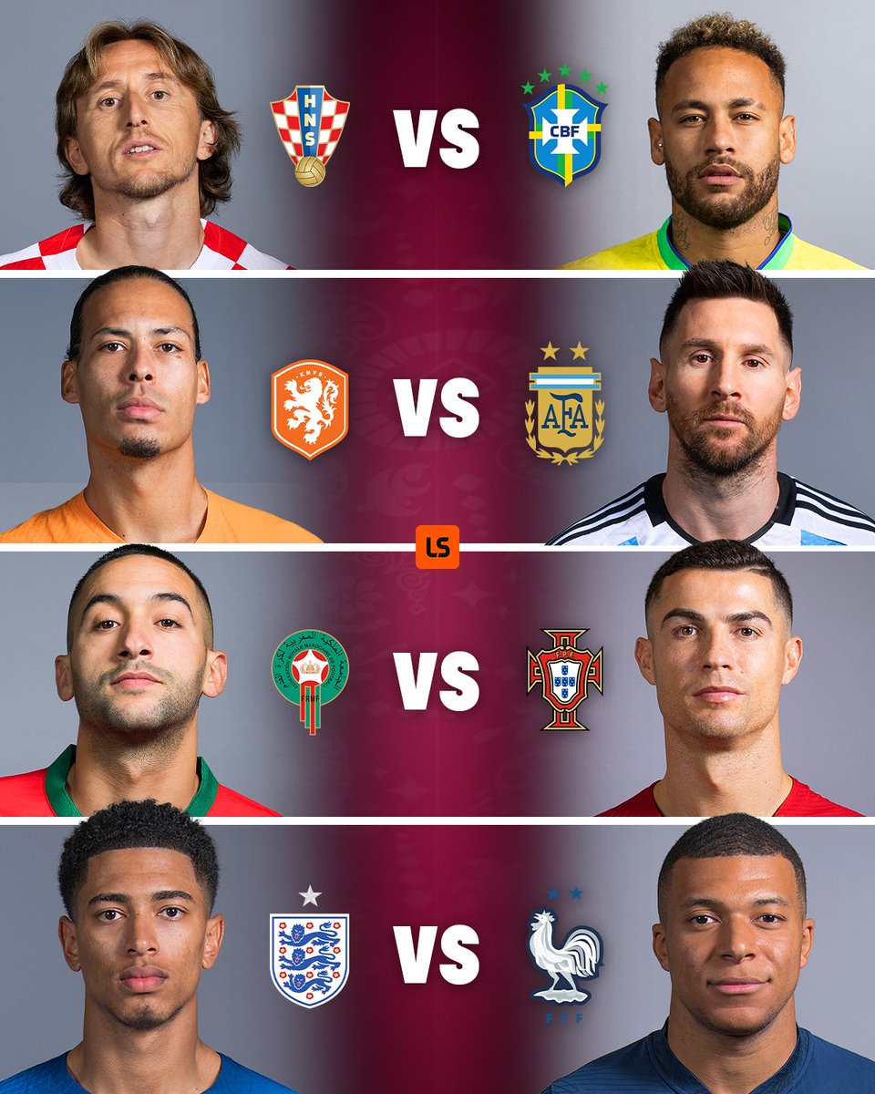 #FIFAWorldCup       #QuarterFinals 
SCTV LIVE

KROASIA vs BRAZIL
Jumat 9 Des 2022
K.O 22.00 WIB

BELANDA vs ARGENTINA
Sabtu 10 Des 2022
K.0 02.00 WIB

MAROKO vs PORTUGAL 
Sabtu 10 Des 2022
K.O 22.00 WIB

ENGLAND vs FRANCE
Minggu 11 Des 2022
K.O 02.00 WIB