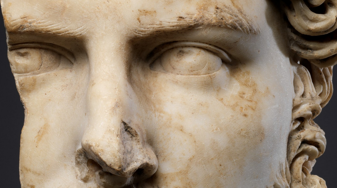 Detail, Marble portrait of the co-emperor Lucius Verus. Period: Mid-Imperial, Antonine. Date: c. 161–169 AD. Collection: Metropolitan Museum of Art.  On view at The Met Fifth Avenue in Gallery 162.