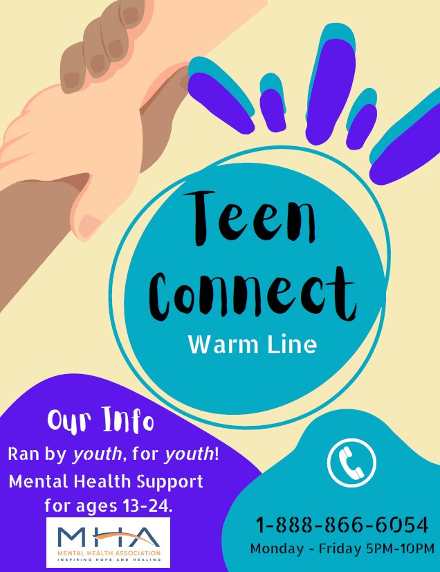 New Jersey teens now have a peer to talk to! The new Teen Connect is a ‘warm-line’ for mental health support for ages 13 to 24.
Calli 1-888-866-6054, Monday through Friday, 5:00 to 10:00 p.m.
<a href="/MHAInspire/">Mental Health Association</a> <a href="/MHANJ1/">MHANJ</a> #MentalHealth