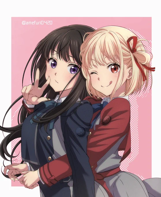 #今年も残りわずかなので今年一番伸びた絵を貼る見た絵描きさんも強制でやるリクエストで頂いたリコリコの千束とたきなでした…ありがたや 