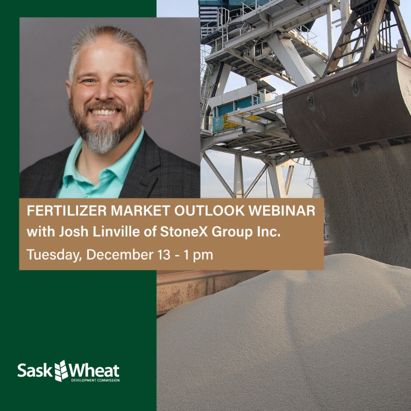 SaskWheat's tweet photo. If you have concerns about fertilizer prices and availability in 2023, then join Sask Wheat's webinar on Tues., Dec 13! 

@JLinvilleFert of StoneX will give insight into the fertilizer markets with international and national NPK outlooks.

Register here: https://t.co/1mzhCEGh8z
