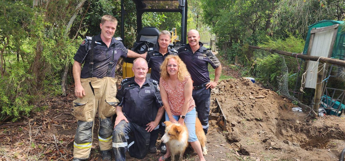 QldFireDept's tweet photo. The Burpengary Fire and Rescue crew were called out to help Brady the dog yesterday after he fell into a hole. 
The crew worked for two hours while keeping Brady safe with oxygen, water and blankets.
After a huge effort, Brady was back in the hands of his family 🐶 ❤️ https://t.co/Exx43yncO0