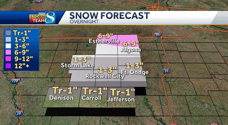 ⚠️ Weather Aware - highest totals in Kossuth, Hancock and Winnebago counties (6-9" in those locations). Tough travel north of Hwy 30 tonight. #iawx