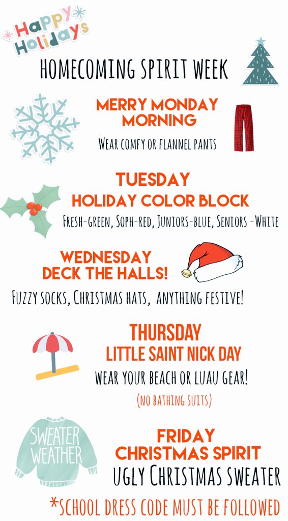 rscheer2017's tweet photo. Show your school spirit next week during homecoming spirit week! 🎄⛄ https://t.co/eFdniGQOjx