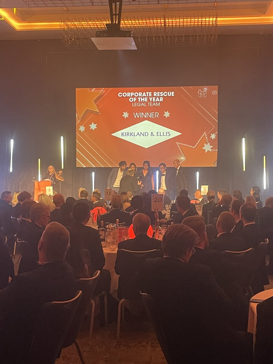 TRIStrategy_'s tweet photo. Corporate Rescue of the Year – Legal Team at tonight's #TRIawards goes to @Kirkland_Ellis 🏆🍾 https://t.co/X0qpw5hb3l