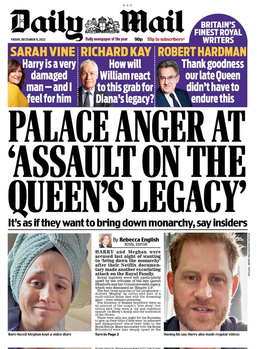 Here is Fridays front page from the: #DailyMail #TomorrowsPapersToday Palace angry at assault on the Queens legacy