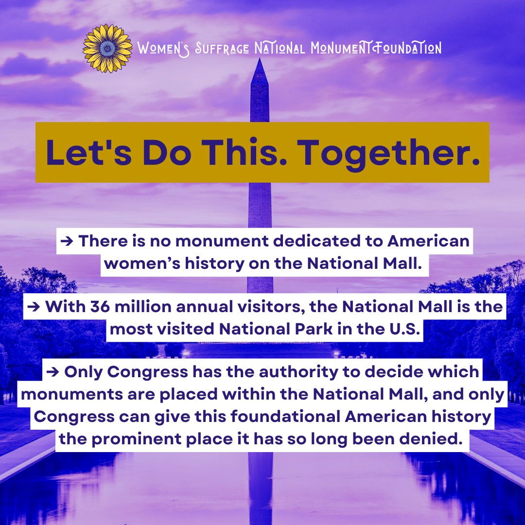 Grateful to congressional leaders supporting the “Women’s Suff. Nat’l Monument Location Act.” The Nationall Mall is where ‘we the people’ showcase our history. It’s the land that holds our national memory. And it’s where the #WomensMonument belongs. bit.ly/wmnlg